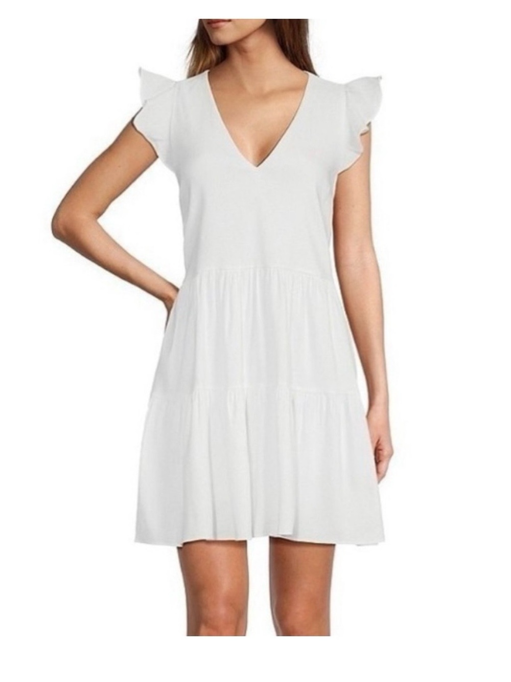 ANTONIO MELANI White V-Neck Flutter Sleeve Tiered Mini Dress